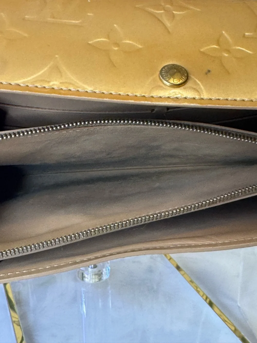 Louis Vuitton Authentic Patent Monogram Wallet in Camel